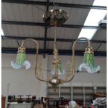 A brass 3 branch chandelier with flared green glass shades