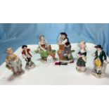 Two pairs of Meissen style figures: 18th century man and woman with baskets of flowers, height