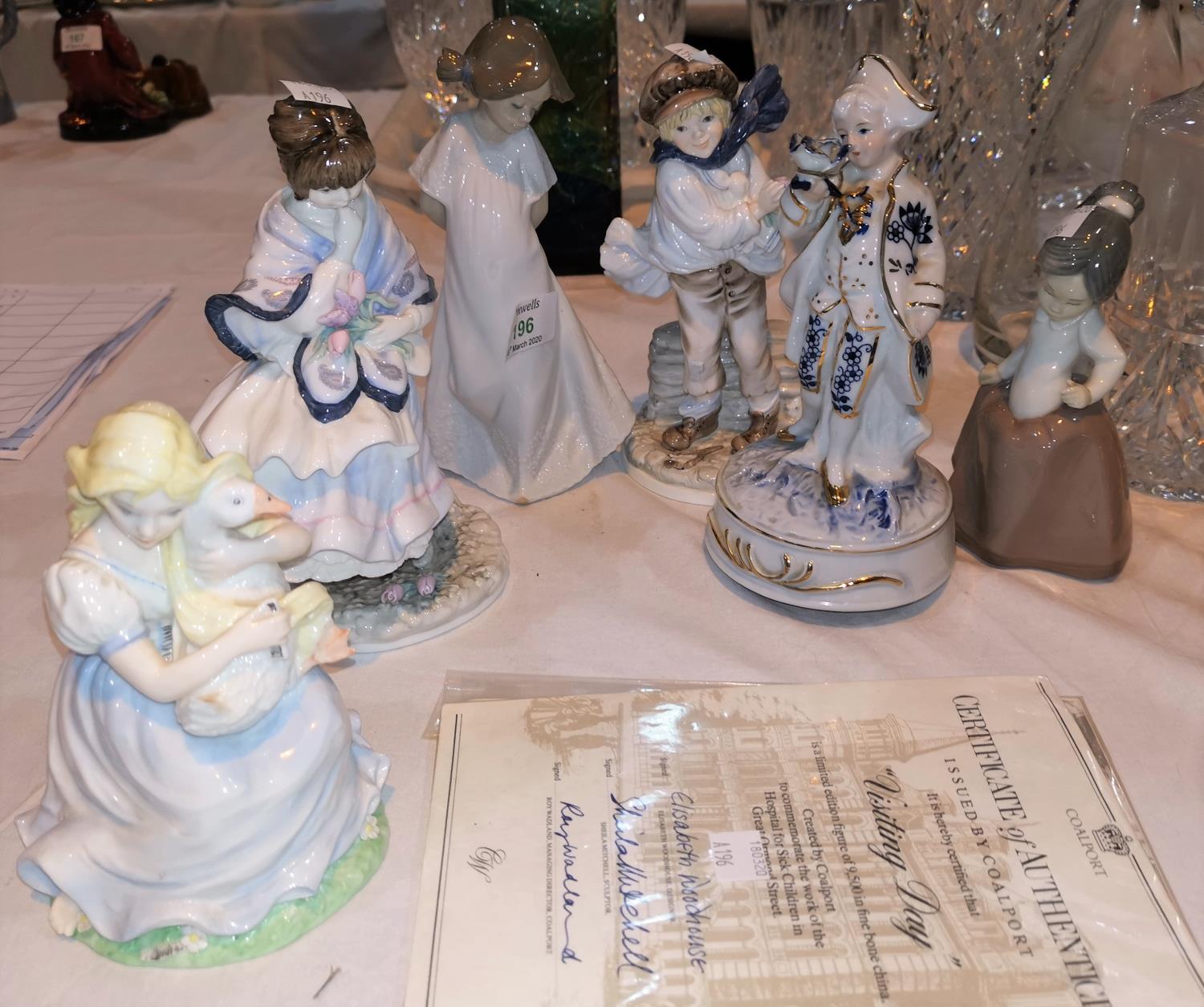 Three Coalport figures: "The Boy"; "Visiting Day" & "The Goose Girl"; 2 Nao figures; a musical