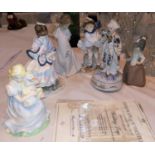 Three Coalport figures: "The Boy"; "Visiting Day" & "The Goose Girl"; 2 Nao figures; a musical
