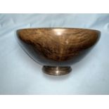 A hard wood fruit bowl on silver foot inscribed "From the Officers of HMR (L) 362 by Watrous; a bead