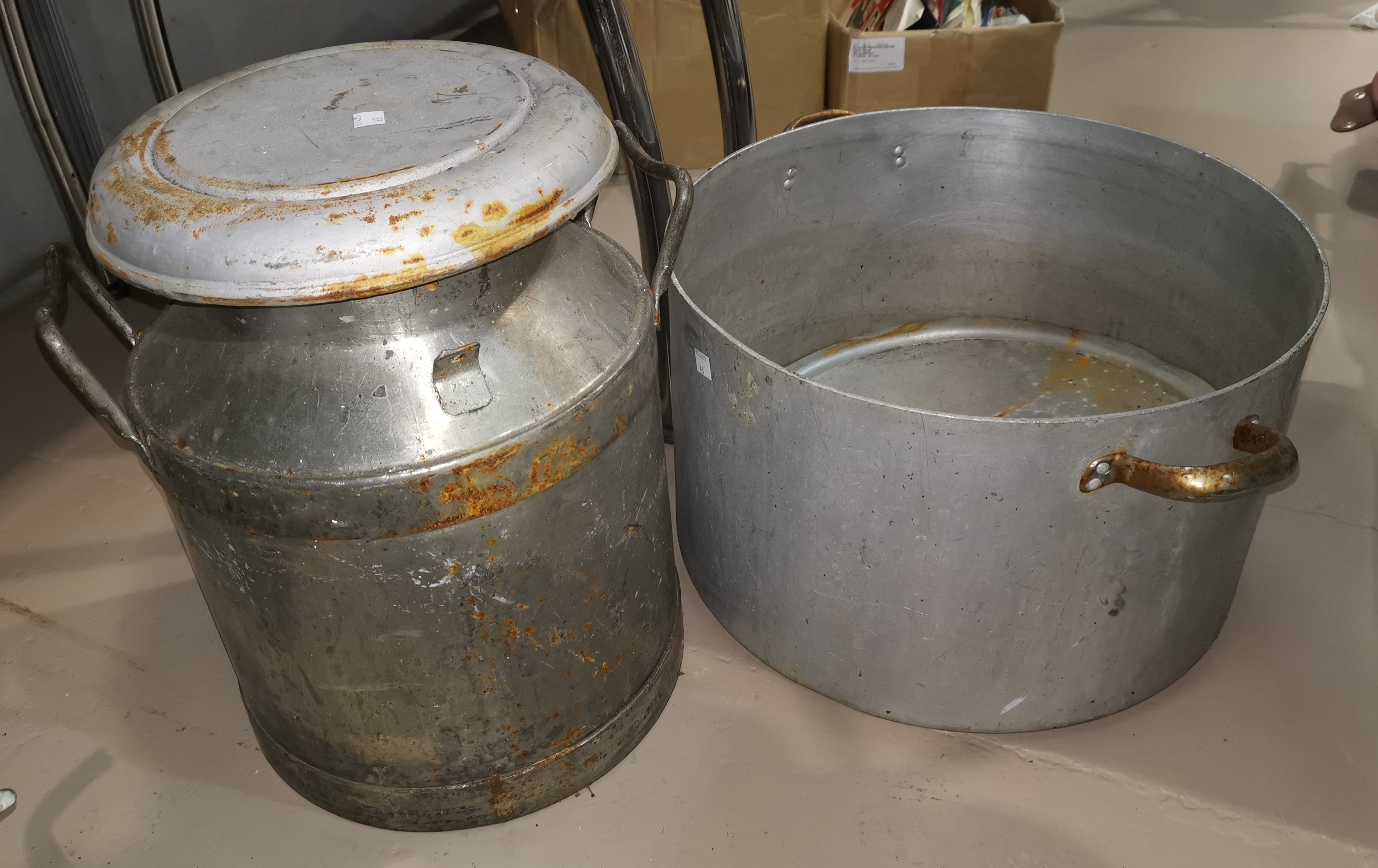 A half size milk churn and a large aluminium boiler