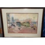 B McMullen, Manchester scene with trams, pastel sketch, signed, 38 x 54cm and a signed print after