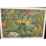 English 20th Century: watercolour, tropical scene with hummingbird, signed with monogram (F.E.?), 28