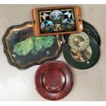 A butterfly wing marquetry tray; a turned burrwood platter; 2 Victorian style metal trays etc