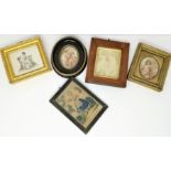 A 19th century sepia stipple engraving miniature in oval frame; 4 similar pictures
