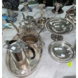 Two Victorian silver plated 3 piece tea service; a pair of graduated tazzas; a candelabrum; etc.