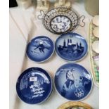 5 Royal Copenhagen Christmas plates; 3 Royal Copenhagen Olympic plates; a Sarreguemines hand painted