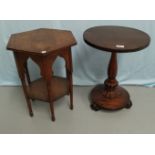 A 19th century rosewood wine table on baluster column and scroll feet; an Edwardian oak 2 tier