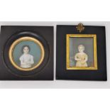 A 19th century half length miniature portrait of a girl holding a ball, diameter 6.5 cm; and an