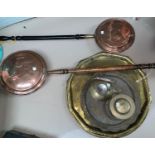 2 19th century copper warming pans; 2 Middle Eastern brass trays and brassware