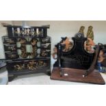 A Japanese lacquer work jewellery cabinet, height 30 cm; a continental carved and lacquered wall