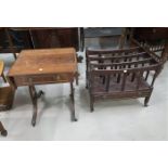 A reproduction mahogany 3-division Canterbury with drawers; a similar dwarf sofa / occasional table