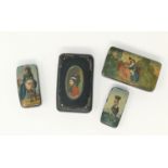 Four 19th century black lacquer snuff boxes, each with panted depictions of women, 5.5 - 8.5 cm