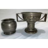 An Art Nouveau pewter vase, 17 cm; a Tudric vase, 11 cm; another pewter vessel