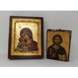 A modern hand painted icon of the Mother and Child, 17 x 13.5 cm; another similar