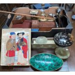 A selection of collectables including two Chinese figures on silk, malachite and other hardstone