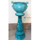 A late Victorian style jardinière on stand, turquoise blue glazed majolica, dragon handles, 86 cm