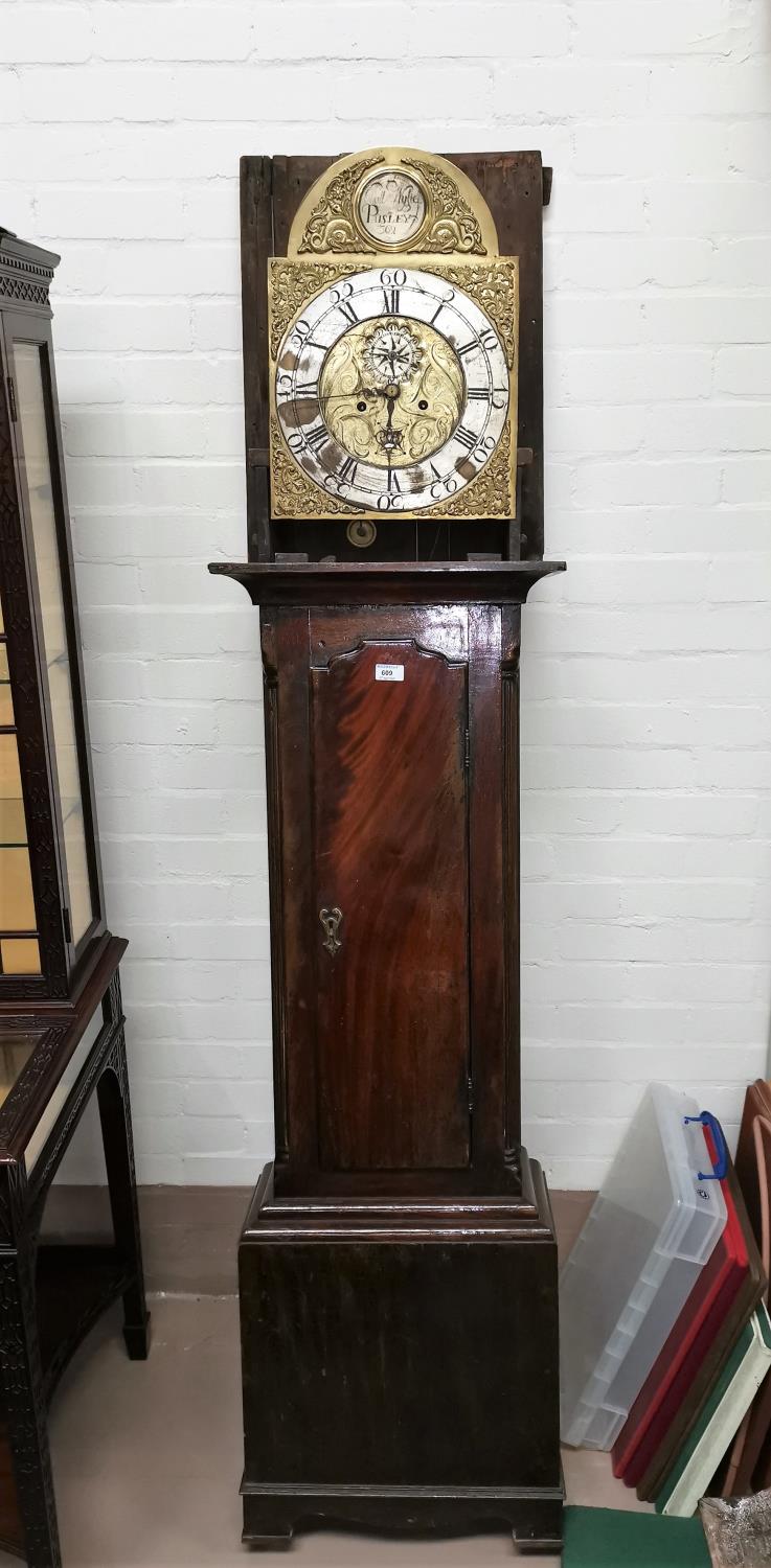 An 18th century Scottish mahogany longcase clock, the hood with swan neck pediment, carved flower