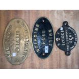 3 vintage brass and cast iron railway plates
