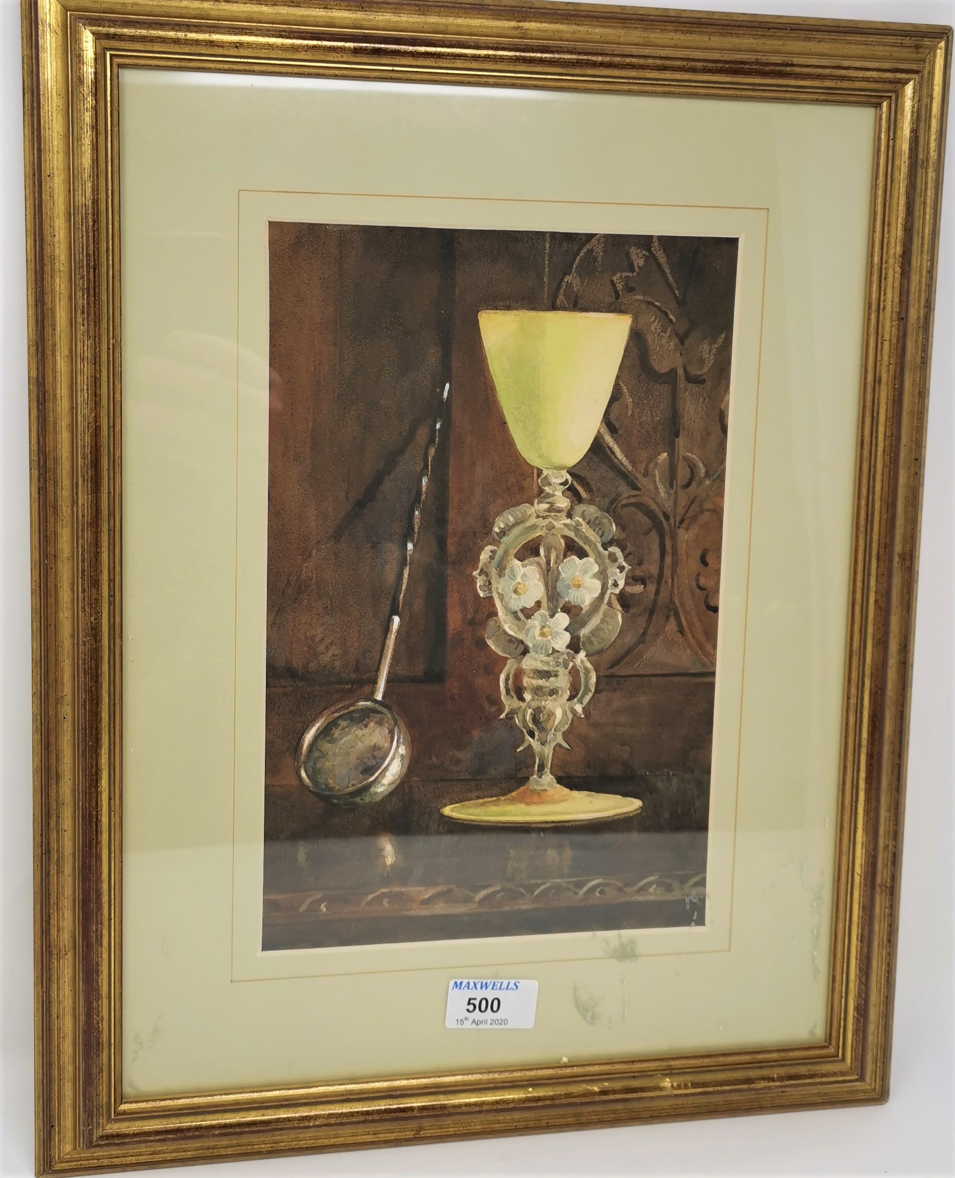 19th Century: Still Life of a Venetian glass goblet and a silver punch ladle, water colour,