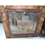 An 18th century stump work and woven silk memorial picture (discoloured and split) 43 x 50cm, in