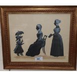 A cut paper and white body colour silhouette picture depicting a child and her governesses, 24x 29