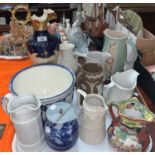 A Victorian Wedgwood blue and white chamber pot and a selection of Victorian and later jugs etc
