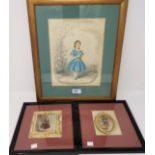A 19th century watercolour of a girl in blue dress, 26 x 20 cm, framed; 2 others
