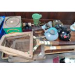 2 vintage tennis rackets, a vintage yeast tin and bric a brac