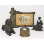 An Art Nouveau style photograph frame, 30 cm; a 19th century bronze tobacco box; a spelter reclining