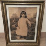 A large photo art portrait of a young girl in patterned linen dress, c. 1900, 87 x 65 cm, gilt