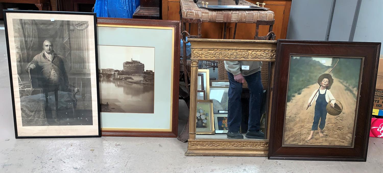 A 19th century gilt frame over mantel mirror, a selection of prints and photographs