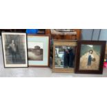 A 19th century gilt frame over mantel mirror, a selection of prints and photographs