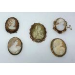 4 oval Victorian shell cameo brooches in gilt metal surrounds