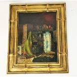19th century oil painting depicting oriental items including vase and sword, signed, framed in