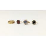Three 9ct gold dress rings , 2 with various coloured stones and a garnet set ring
