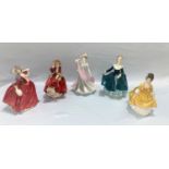 Four Royal Doulton figures: Coralie, HN 2307 (2nd); Autumn Breezes, HN 1934; Top o'the Hill HN