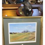 A reproduction 'Oldest Club' on wall mount; bronzed golfing trophy and golfing prints