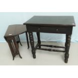 An oak Sutherland drop leaf table with oval top; an Edwardian ebonised side table on turned legs