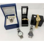 A Timex Expedition wristwatch, 2 similar and a Cosmopolitan pearlescent lady's gilt quartz watch,