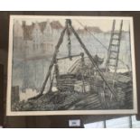 After Frank Brangwyn: colour lithograph, coal barge, 34 x 44 cm, framed and glazed
