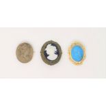 An Italian lava stone cameo brooch, gilt metal mount; 2 other cameo style brooches