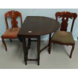 A small mahogany drop leaf occasional table with oval top; a Victorian set of 3 mahogany dining