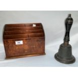 An Edwardian mahogany letter rack, inlaid decoration, 23 cm; a Victorian school bell with ebony