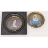 A 19th century miniature portrait of woman in lace collar and cap, diameter 7 cm, gilt metal