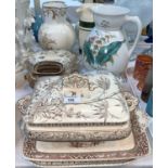 Three large Victorian ewers; a selection of Victorian brown transfer printed dinnerware; etc.