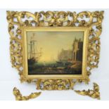 19th Century Continental: oil on canvas of a harbour scene with ships and figures, 23 x 29 cm,
