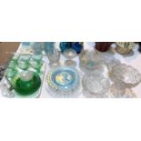 A 1920's set of 8 pedestal ice cream dishes in green glass, with matching plates; other decorative