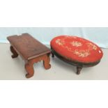 A Victorian footstool with oval needlework top; a wooden rectangular footstool